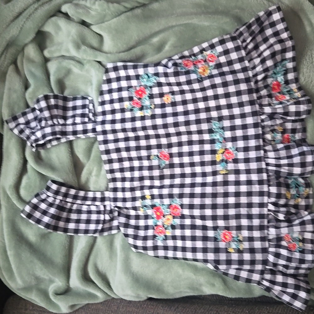 GB Girls Black and White Gingham Floral embroidered top